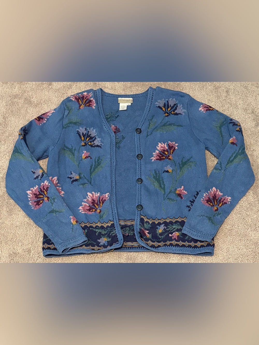 VTG 90s Y2K Coldwater Creek Cardigan Blue With Floral Pattern Womens Size Medium